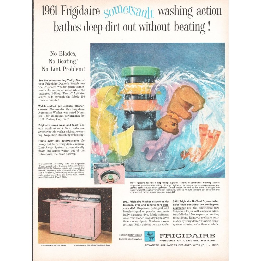 1961 Frigidaire Somersault Washing Machine Vintage Print Ad Teddy Bear Wall Art